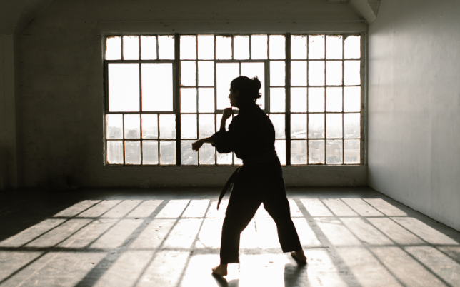 Personne à contre jour s'entrainant dans un dojo traditionnel à un art martial