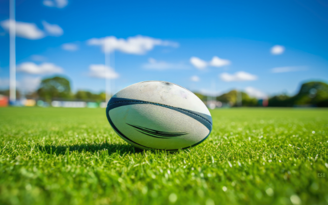 Gros plan sur ballon de rugby dans gazon avec ciel bleu