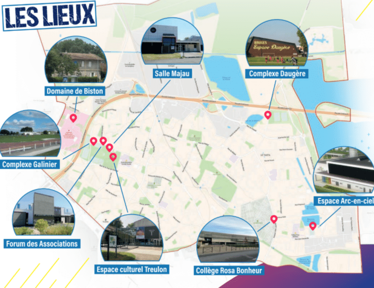 Carte de la ville de bruges avec zoom sur les lieux où se déroulent les pratiques sportives de l'ESB